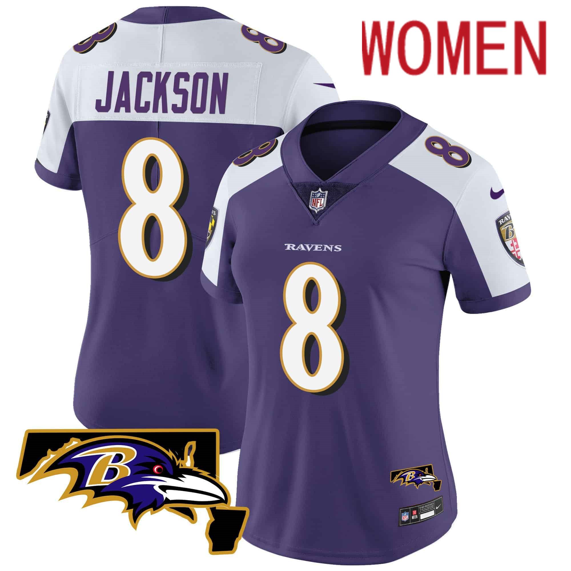 Women Baltimore Ravens #8 Jackson Purple 2024 Nike Maryland Patch Vapor Limited NFL Jersey